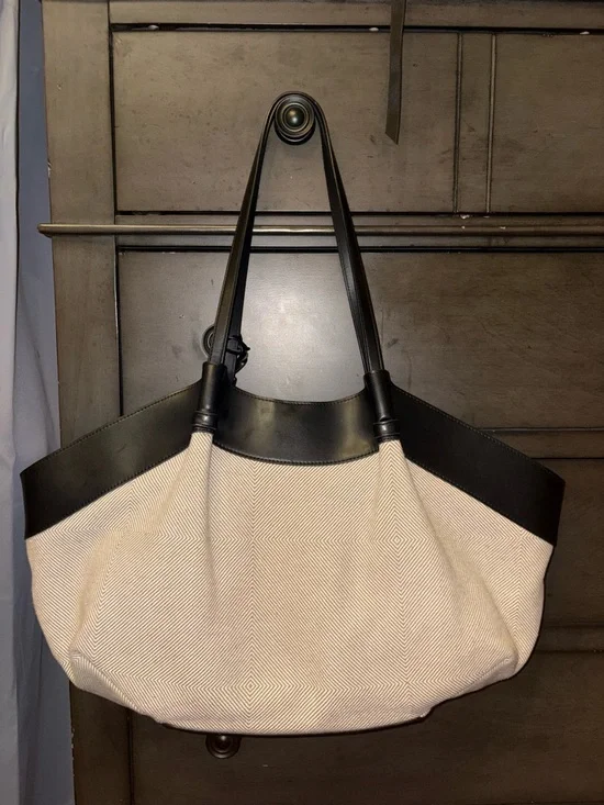 H & M Canvas and Black Leather Trim Tote Bag - Beige/Black - Picture 2 of 8